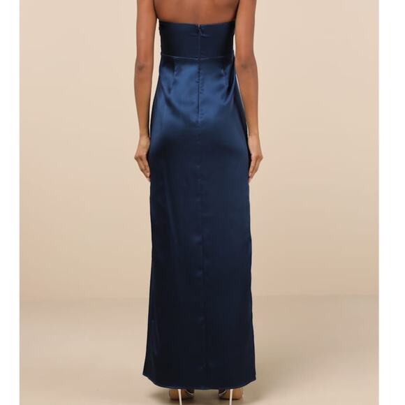 Lulus NWT Memorable Entrance Dark Blue Strapless Satin Pleated Maxi Gown Dress - Picture 7 of 12